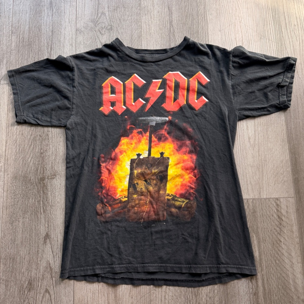 AC/DC Mens S Black Graphic Tee Fire Dynamite Logo Live Nation Band Shirt